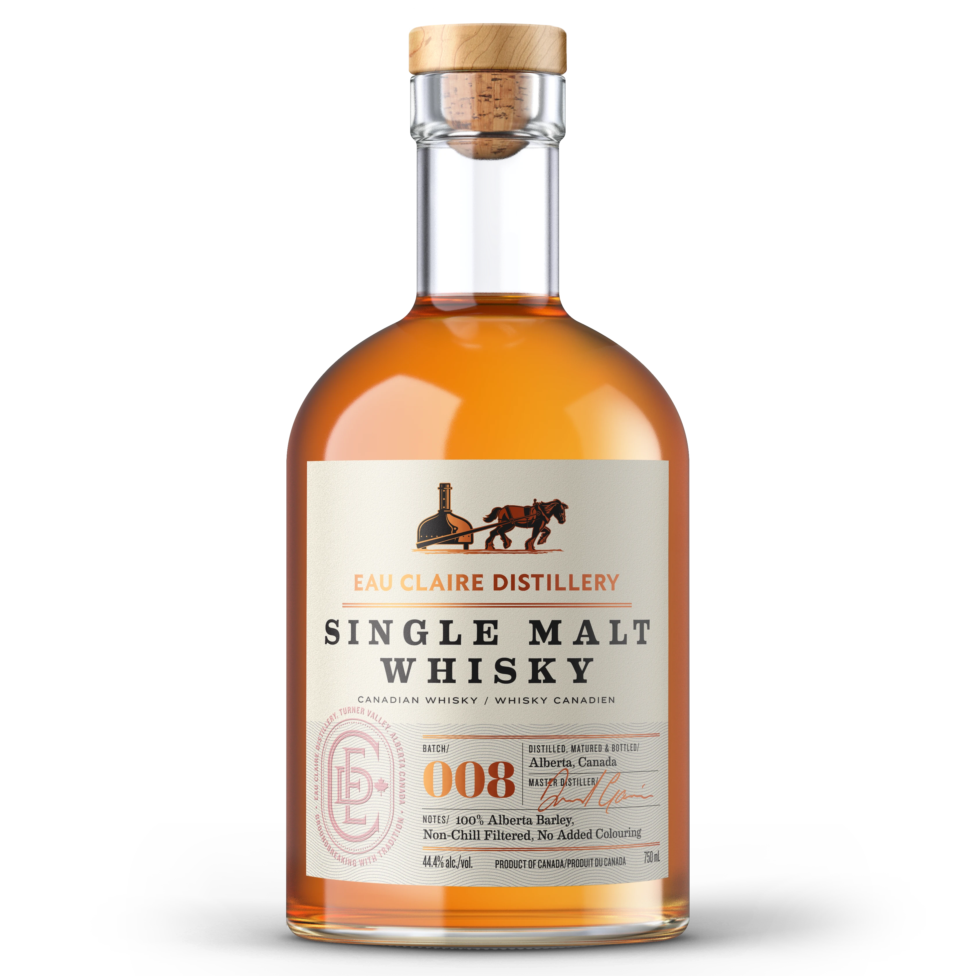 Bottle of single malt whisky from Eau Claire Distillery on a white background